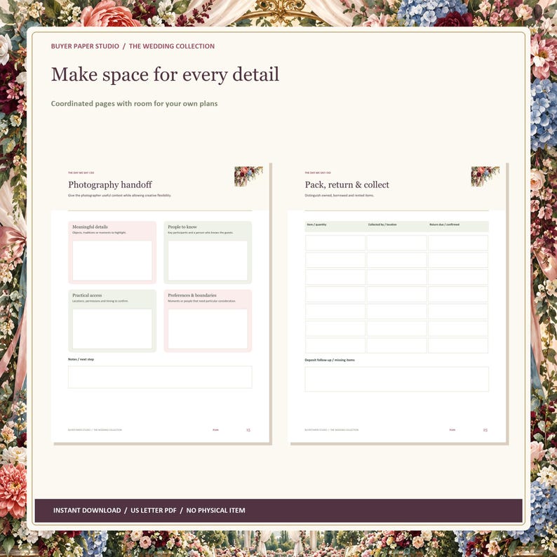Wedding Day Coordinator, 26-Page Fillable PDF, Floral Printable Wedding Organizer image 3