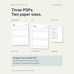 Three included PDF files: a 24-page US Letter portrait calendar, the same 24-page calendar in A4 portrait, and a one-page Start Here guide. Actual pages are pictured.