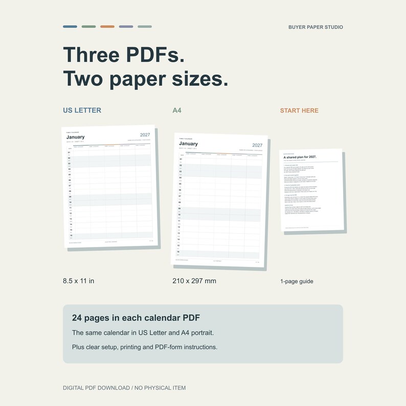 Three included PDF files: a 24-page US Letter portrait calendar, the same 24-page calendar in A4 portrait, and a one-page Start Here guide. Actual pages are pictured.