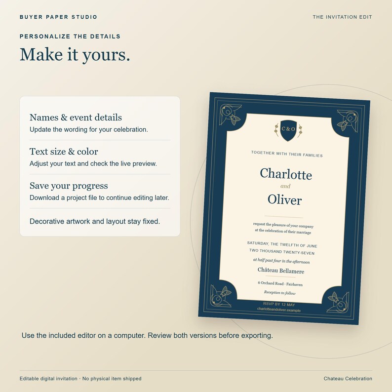 Chateau Celebration Elegant Wedding Invitation, Editable Browser Template, 5x7 Print and Phone Design image 4