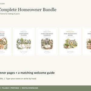 May include: The Complete Homeowner Bundle includes five digital planners: Moving Day Organizer, Home Search Planner, Home Comparison Workbook, Home Maintenance Binder, and Home Renovation Planner. It features 108 US Letter PDF pages and a welcome guide.
