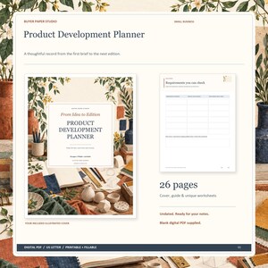 Può includere: Un pianificatore di sviluppo prodotto in PDF digitale da 26 pagine, che include copertina, guida e fogli di lavoro. La copertina riporta il testo From Idea to Edition, Product Development Planner e 26 pages / fillable + printable.