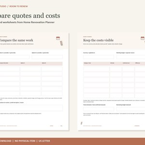 May include: Two white worksheets from a Home Renovation Planner titled Compare the same work and Keep the costs visible. The pages feature tables for comparing quotes, provider details, budget categories, estimated costs, and remaining budget totals.