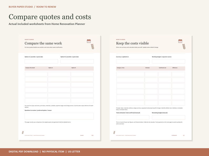 May include: Two white worksheets from a Home Renovation Planner titled Compare the same work and Keep the costs visible. The pages feature tables for comparing quotes, provider details, budget categories, estimated costs, and remaining budget totals.