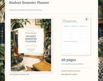 Planificador semestral para estudiantes, PDF rellenable de 26 páginas, organizador de tareas y exámenes.