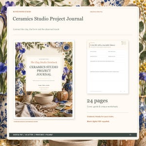 May include: A digital Ceramics Studio Project Journal featuring a cover with floral illustrations and pottery images, alongside a sample worksheet page titled A test tile with a traceable history. This 24-page undated PDF includes a guide and worksheets.