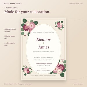 May include: A 5 x 7-inch wedding invitation template featuring a central oval frame surrounded by illustrations of pink and dark red flowers with green leaves. The text includes the names Eleanor and James, event details, and date.
