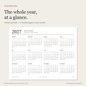 Actual 2027 year-at-a-glance page. Each of the four calendar variants includes this annual overview and twelve dated monthly pages.