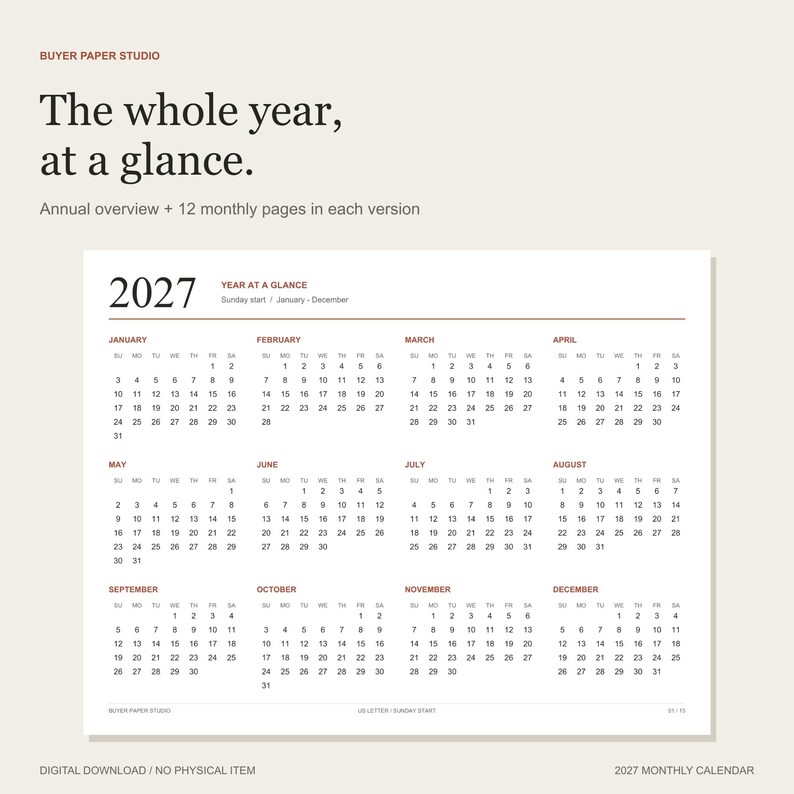 Actual 2027 year-at-a-glance page. Each of the four calendar variants includes this annual overview and twelve dated monthly pages.