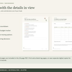 May include: A digital planner template titled Buyer Paper Studio New Beginnings featuring two white pages with black text. One page shows a moving countdown checklist, and the other displays a realistic moving budget table with columns for expenses.