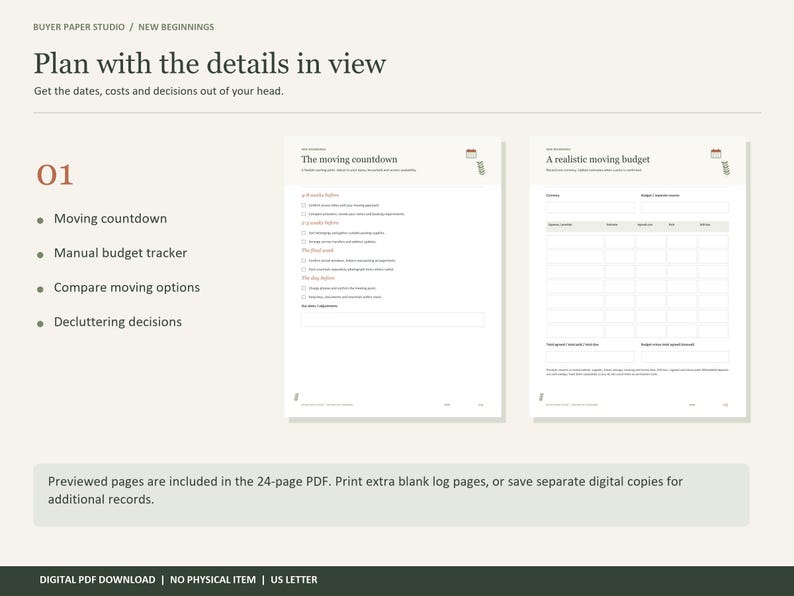May include: A digital planner template titled Buyer Paper Studio New Beginnings featuring two white pages with black text. One page shows a moving countdown checklist, and the other displays a realistic moving budget table with columns for expenses.