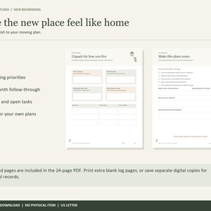May include: A digital PDF document titled Make the new place feel like home, featuring two pages with sections for unpacking priorities, first-month follow-through, returns, and open tasks. The layout includes text boxes and checklists for organization.
