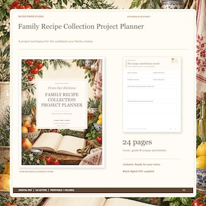 May include: A Family Recipe Collection Project Planner digital PDF with 24 pages. The cover features an open book, tomatoes, and herbs. Includes a recipe contribution record worksheet, guide, and unique worksheets for organizing family culinary traditions.