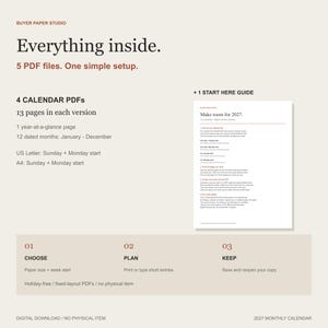Five PDF files included: four 13-page calendar variants and one Start Here guide. Choose a paper size and week start, print or type short entries, then save and reopen a copy.