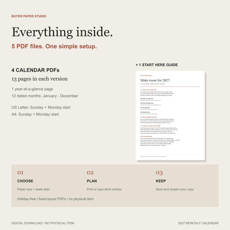 Five PDF files included: four 13-page calendar variants and one Start Here guide. Choose a paper size and week start, print or type short entries, then save and reopen a copy.