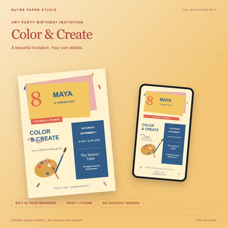 Invitación de cumpleaños para fiesta de arte con temática de colorear y crear, plantilla editable para navegador, diseño para imprimir y para móvil. imagen 1