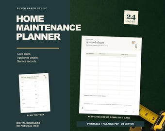 Planificador de mantenimiento del hogar y registro de servicios / PDF imprimible y rellenable de 24 páginas / Tamaño carta estadounidense