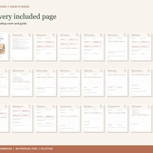 May include: A digital home renovation planner featuring 24 pages including a cover and guide. The pages are white with black text and light pink accents, organized in a grid layout. The text reads Buyer Paper Studio, Room to Renew, and See every included page.