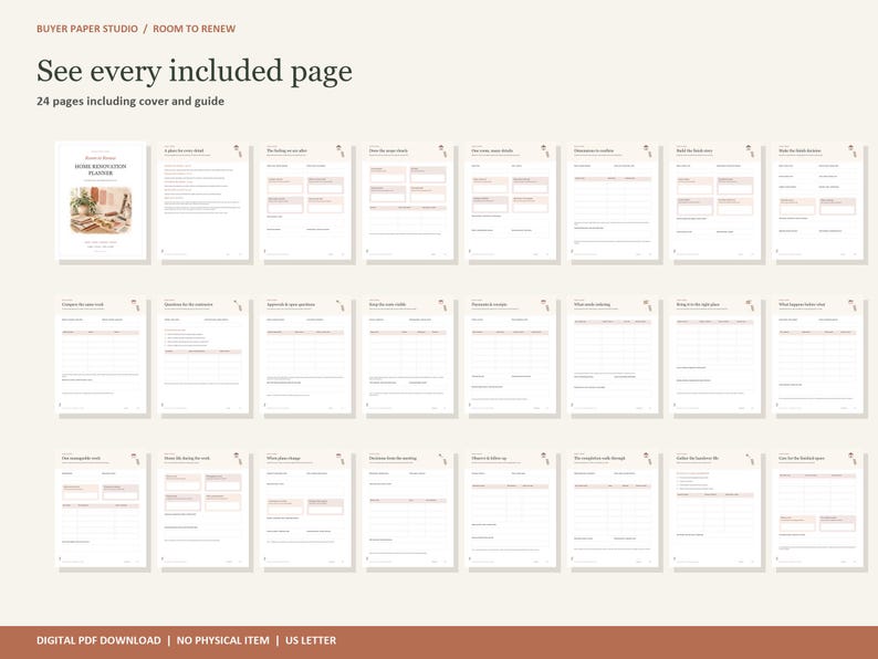 May include: A digital home renovation planner featuring 24 pages including a cover and guide. The pages are white with black text and light pink accents, organized in a grid layout. The text reads Buyer Paper Studio, Room to Renew, and See every included page.