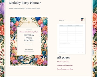 Birthday Party Planner, 28-Page Fillable Printable PDF with Colorful Illustrated Cover