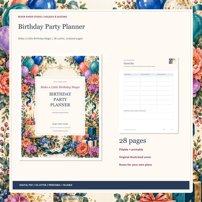 Birthday Party Planner, 28-Page Fillable Printable PDF with Colorful Illustrated Cover image 1