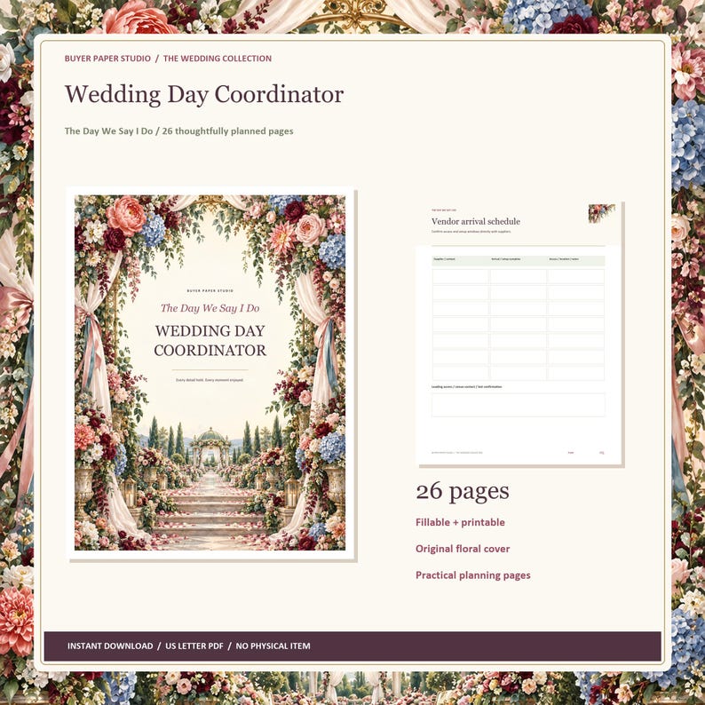 Wedding Day Coordinator, 26-Page Fillable PDF, Floral Printable Wedding Organizer image 1