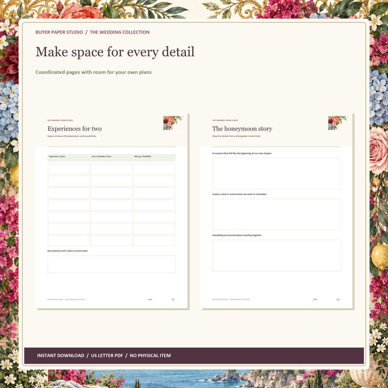 Honeymoon Planner, 24-Page Fillable PDF, Floral Printable Wedding Organizer image 3