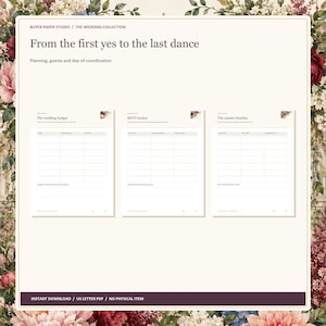 May include: A digital wedding planning set featuring three white pages titled The wedding budget, RSVP tracker, and The master timeline. The header reads Buyer Paper Studio and From the first yes to the last dance. The footer states US Letter PDF.