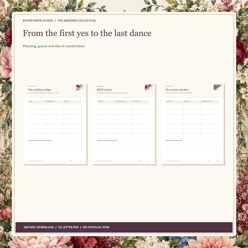 May include: A digital wedding planning set featuring three white pages titled The wedding budget, RSVP tracker, and The master timeline. The header reads Buyer Paper Studio and From the first yes to the last dance. The footer states US Letter PDF.