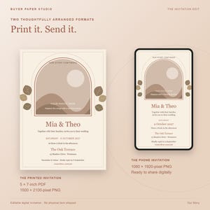 May include: A digital wedding invitation template set featuring a 5 by 7-inch printed format and a 1080 by 1920-pixel phone format. Both designs display an arched frame, a sun graphic, and leaf accents with the text Mia & Theo, 9 October 2027.