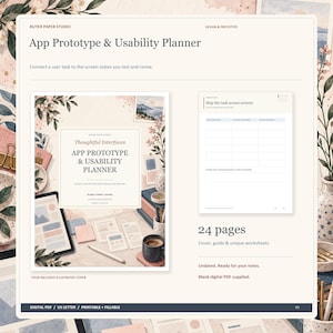 Op de afbeelding: Een App Prototype & Usability Planner digitaal PDF met 24 pagina's. De omslag bevat bloemillustraties, een tablet, plakbriefjes en een koffiemok. Inclusief een werkblad voor taaktoewijzing, ongedateerde pagina's en een printbaar, invulbaar formaat.