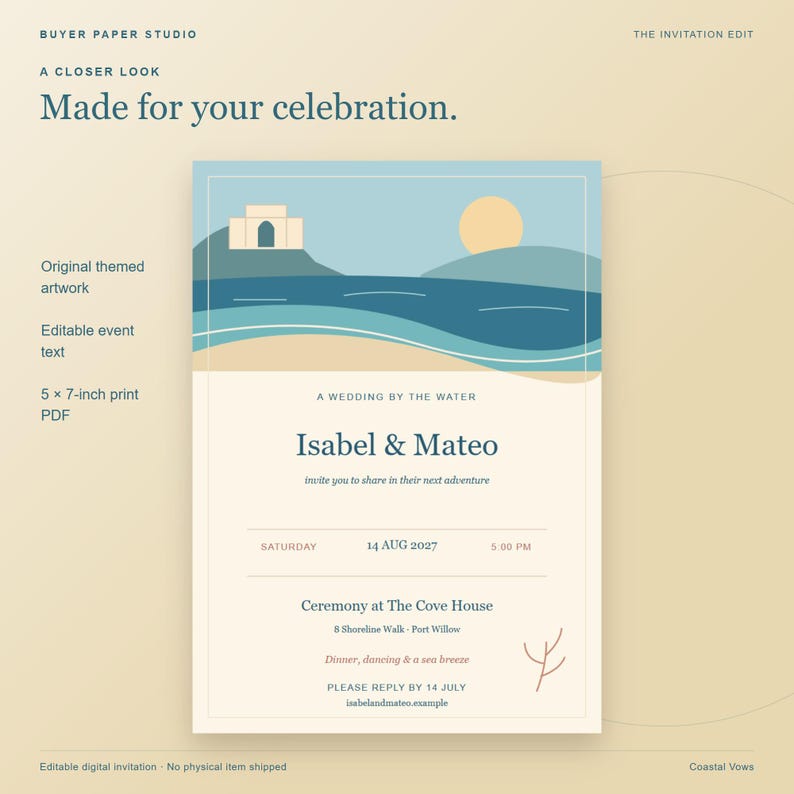 Invitación de boda con temática costera, plantilla editable para navegador, diseño para impresión y móvil de 5x7 pulgadas. imagen 2