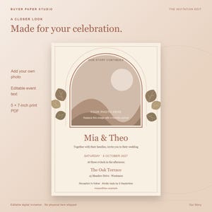 May include: A 5 x 7-inch wedding invitation template in beige and brown tones. It features an arched frame with a placeholder for a photo, abstract landscape graphics, and leaf illustrations. Text includes "Mia & Theo" and event details.