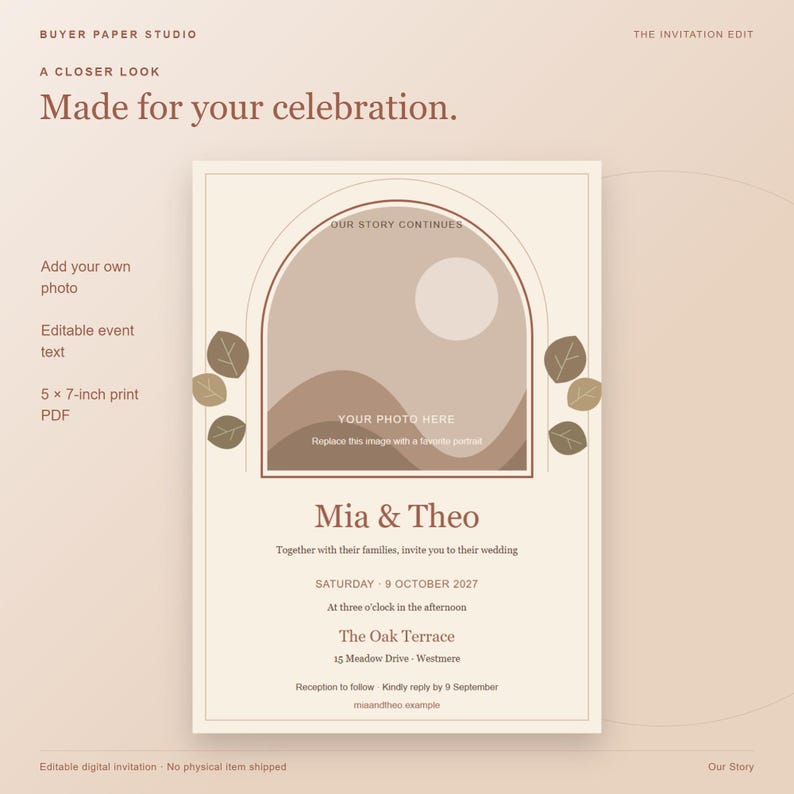 May include: A 5 x 7-inch wedding invitation template in beige and brown tones. It features an arched frame with a placeholder for a photo, abstract landscape graphics, and leaf illustrations. Text includes "Mia & Theo" and event details.