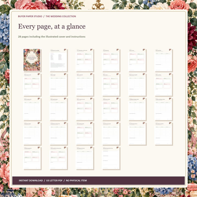 Bridal Shower and Bachelorette Planner, 28-Page Fillable PDF, Floral Printable Wedding Organizer image 5