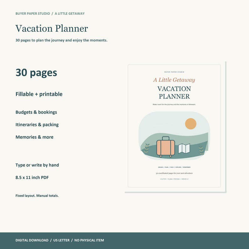 Vacation Planner, 30-Page Fillable PDF, Travel Itinerary, Packing Checklist & Trip Budget, A Little Getaway image 1