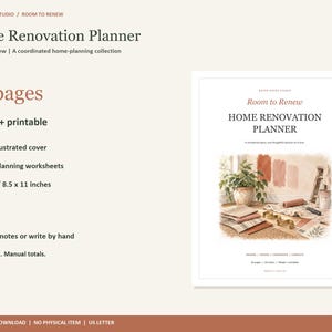 May include: A digital Home Renovation Planner with 24 pages, fillable and printable in US Letter 8.5 x 11 inches format. The cover features an illustration of a potted plant, paint swatches, and renovation tools. Text includes Room to Renew.