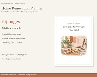 Home Renovation Planner, 24-Page Fillable PDF, Room to Renew (Digital Download)