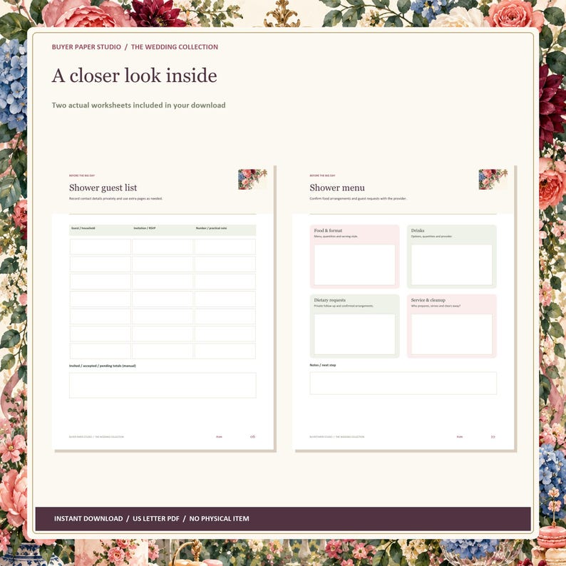 Bridal Shower and Bachelorette Planner, 28-Page Fillable PDF, Floral Printable Wedding Organizer image 2