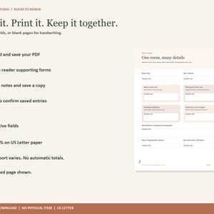 May include: A digital PDF planning document titled Room to Renew with the text Type it. Print it. Keep it together. The page features interactive fields for room details, including sections for notes on existing conditions, room priorities, and photos.