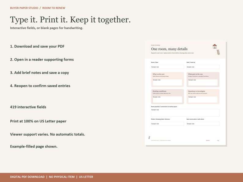 May include: A digital PDF planning document titled Room to Renew with the text Type it. Print it. Keep it together. The page features interactive fields for room details, including sections for notes on existing conditions, room priorities, and photos.