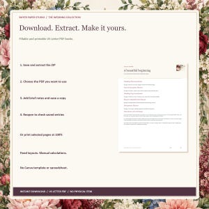 May include: A digital wedding planner set featuring fillable US Letter PDF books. The document includes instructions for downloading, extracting, and printing. Text includes 'Download. Extract. Make it yours.' and 'A beautiful beginning' with a list of planning sections.