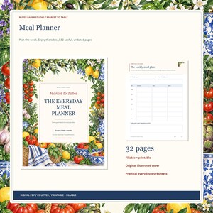 Meal Planner, 32-Page Fillable Printable PDF with Weekly Menu and Grocery Lists image 1