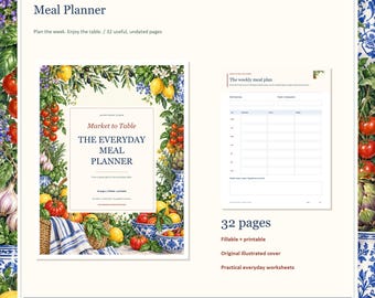Meal Planner, 32-Page Fillable Printable PDF with Weekly Menu and Grocery Lists