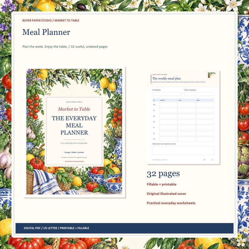 Meal Planner, 32-Page Fillable Printable PDF with Weekly Menu and Grocery Lists image 1