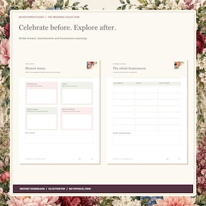 May include: A digital wedding planning document titled Buyer Paper Studio / The Wedding Collection. It features two pages: Shower menu with sections for food, drinks, dietary requests, and service, and The whole honeymoon with a travel itinerary grid.