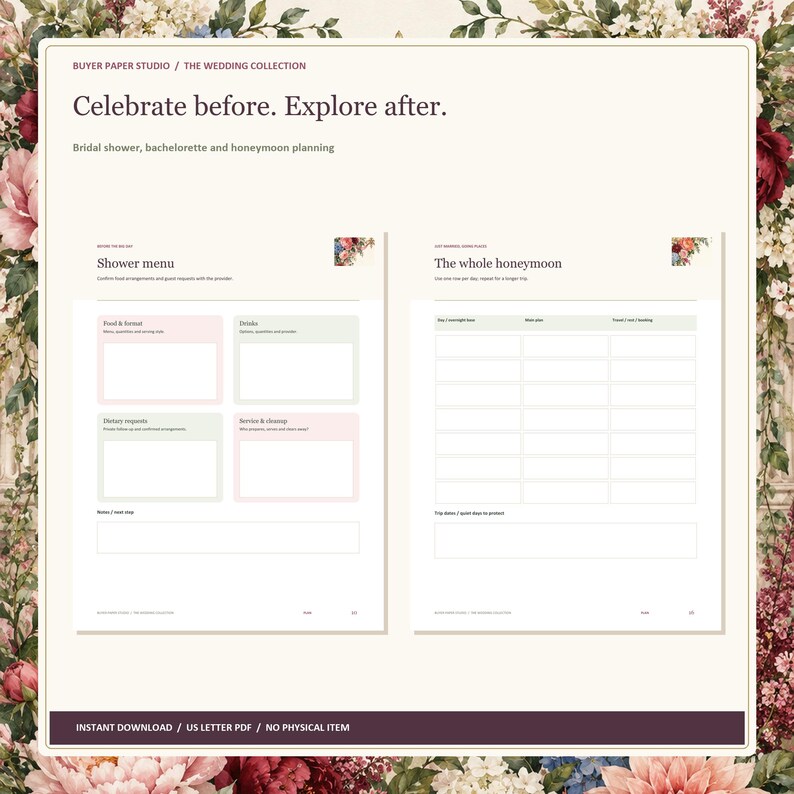 May include: A digital wedding planning document titled Buyer Paper Studio / The Wedding Collection. It features two pages: Shower menu with sections for food, drinks, dietary requests, and service, and The whole honeymoon with a travel itinerary grid.