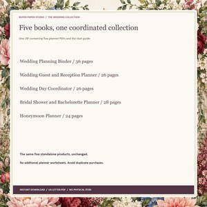 May include: A digital collection of five wedding planner PDFs featuring a floral border. The text lists a Wedding Planning Binder, Guest and Reception Planner, Wedding Day Coordinator, Bridal Shower and Bachelorette Planner, and Honeymoon Planner.