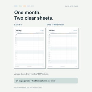 Actual January 2027 calendar sheets side by side: days 1-16 and days 17-31, with five blank name or category columns. Each paper-size calendar has 24 pages.
