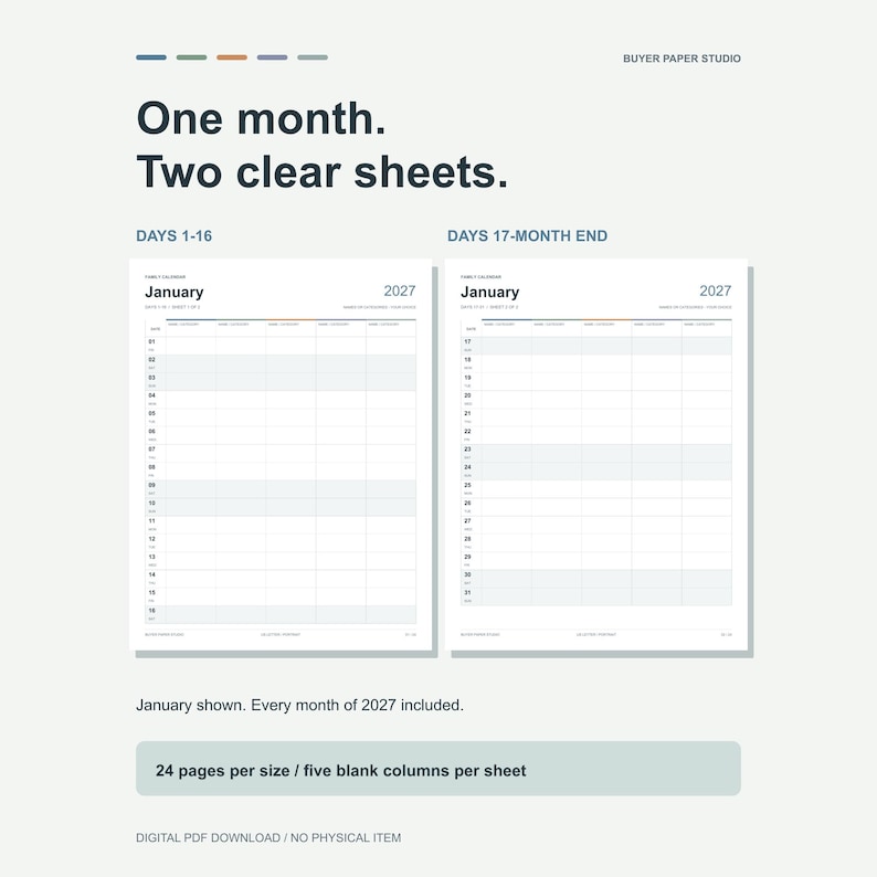 Actual January 2027 calendar sheets side by side: days 1-16 and days 17-31, with five blank name or category columns. Each paper-size calendar has 24 pages.